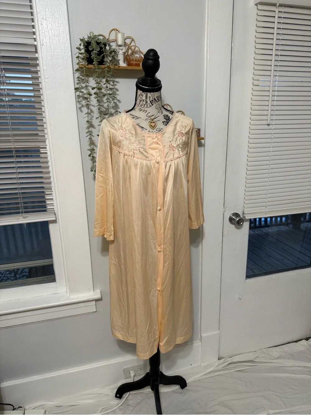 Women's Peach Embroidered Button-Front Nightgown